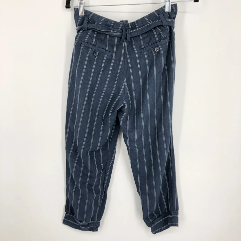 Banana Republic‎ Womens Avery Linen Crop Pant Size 0 Tie Waist Blue Stripe Coast